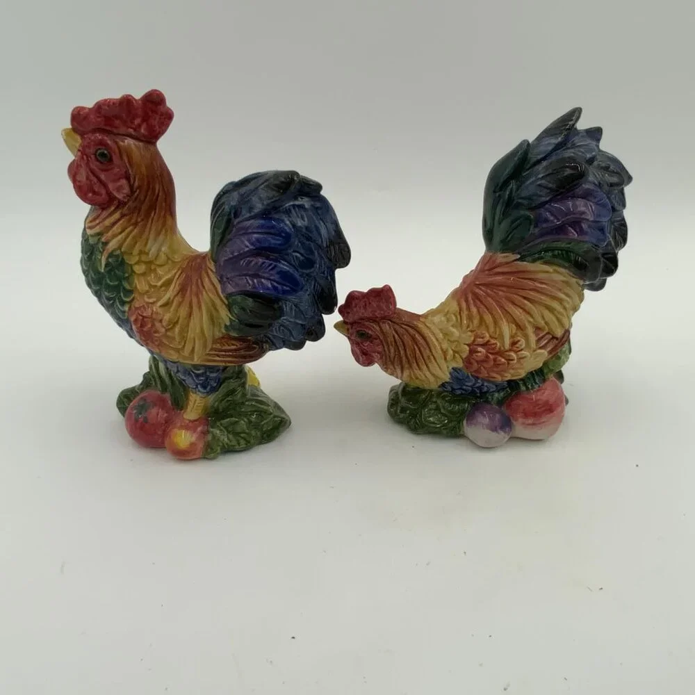 1996 Fritz & Floyd Hen and Rooster Salt & Pepper Shakers Fruit & Veggies
